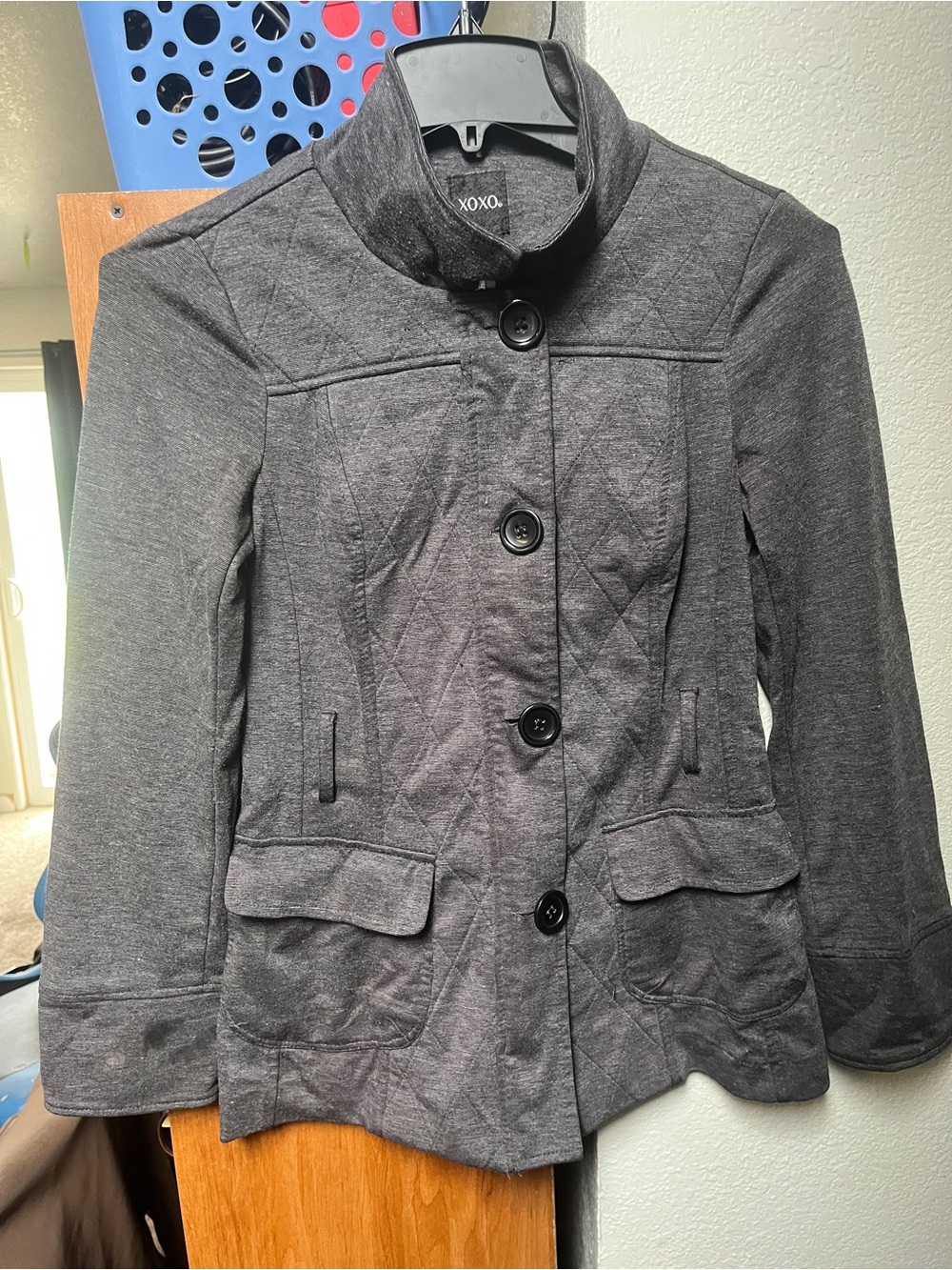 XOXO Women's Dark Charcoal Quilted Button-Front Pea Coat